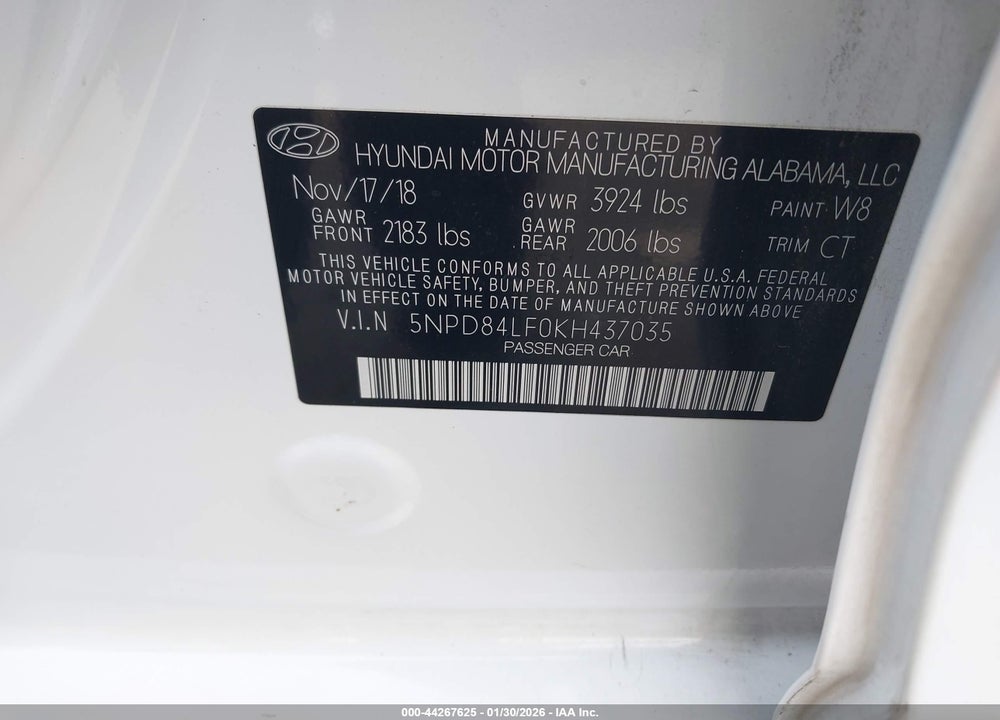 2019 HYUNDAI ELANTRA SEL VIN: 5NPD84LF0KH437035