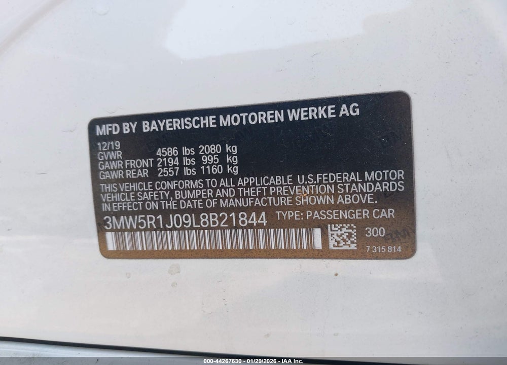 2020 BMW 330I VIN: 3MW5R1J09L8B21844