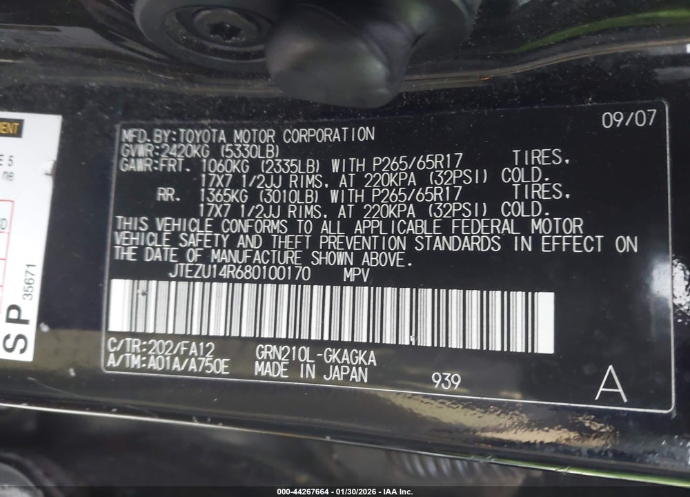 2008 TOYOTA 4RUNNER SR5 V6 VIN: JTEZU14R680100170