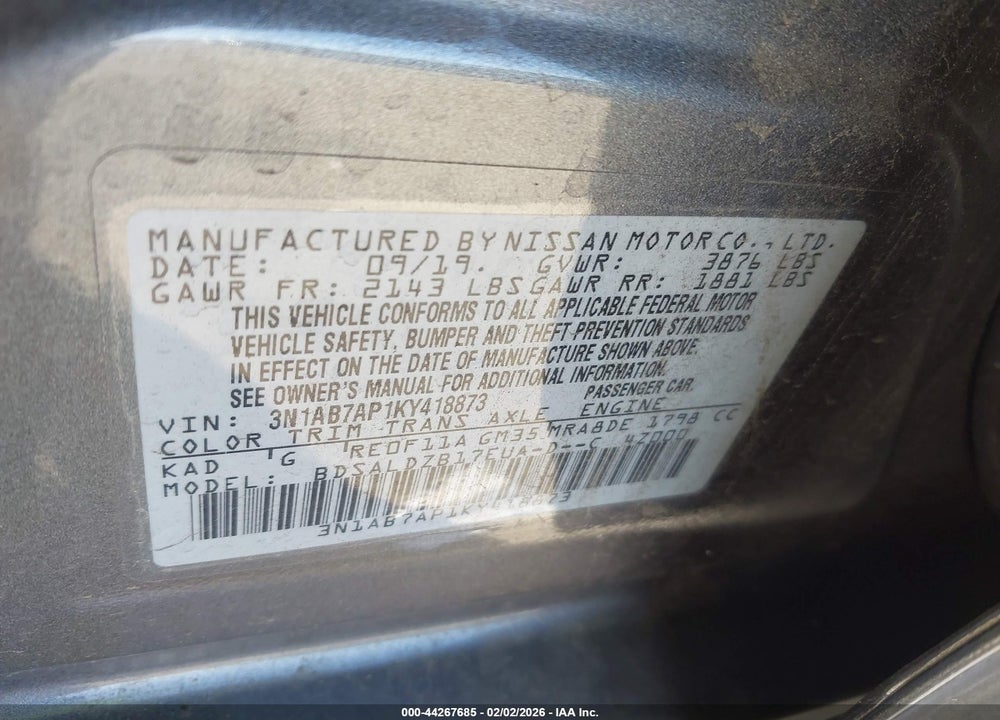 2019 NISSAN SENTRA SV VIN: 3N1AB7AP1KY418873