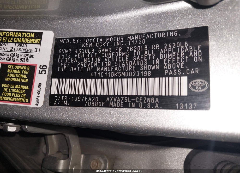 2021 TOYOTA CAMRY LE AWD VIN: 4T1C11BK5MU023198