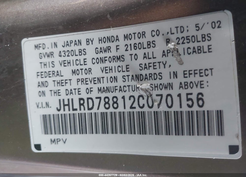 2002 HONDA CR-V EX VIN: JHLRD78812C070156