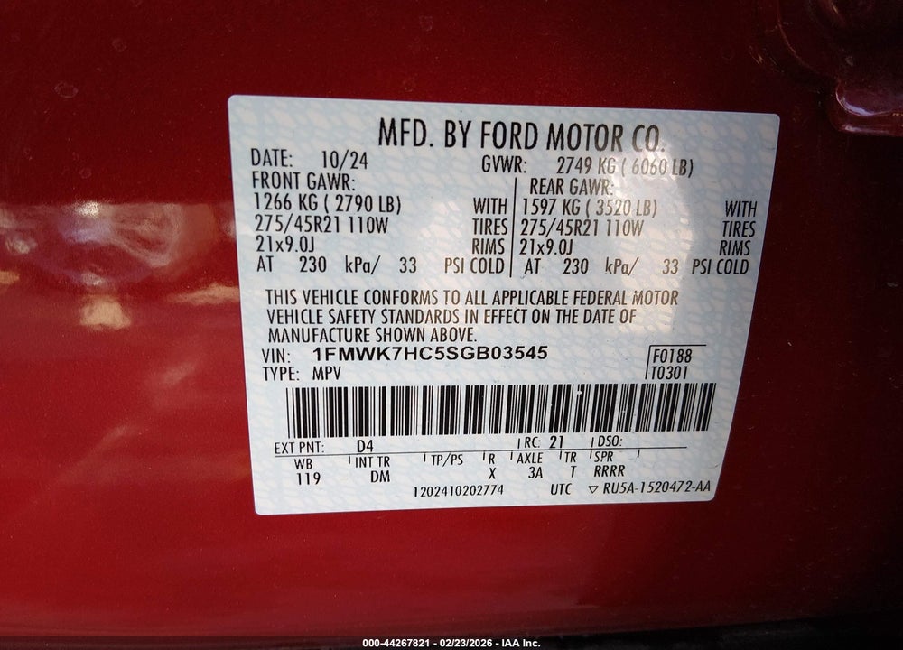 2025 FORD EXPLORER PLATINUM VIN: 1FMWK7HC5SGB03545