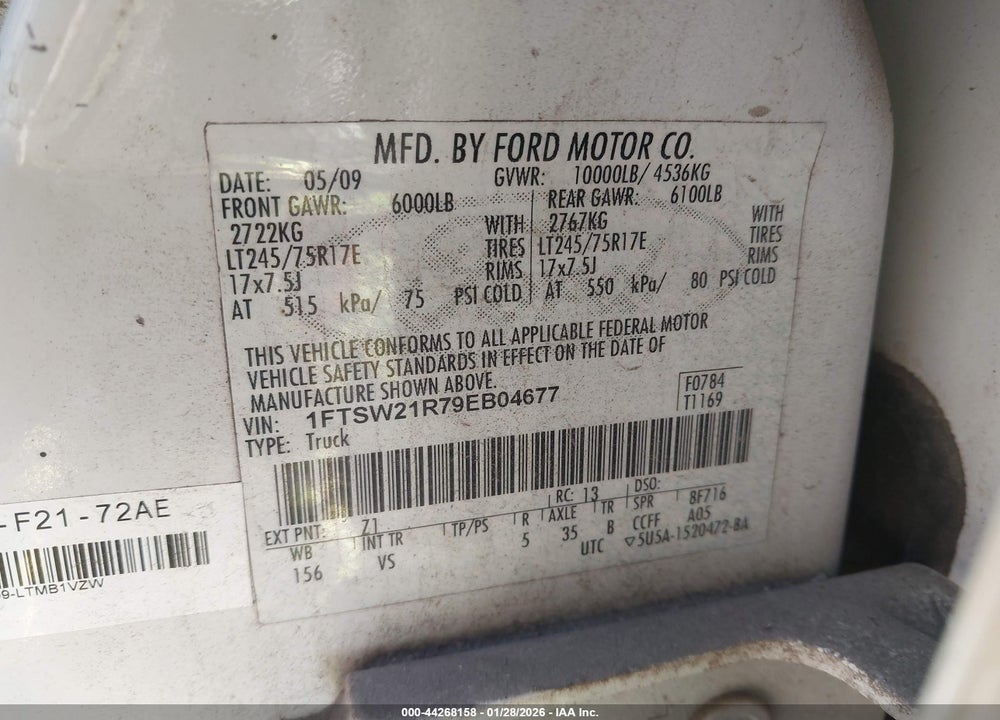 2009 FORD F-250 FX4/HARLEY-DAVIDSON/KING RANCH/LARIAT/XL/XLT VIN: 1FTSW21R79EB04677