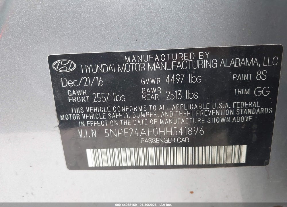 2017 HYUNDAI SONATA VIN: 5NPE24AF0HH541896