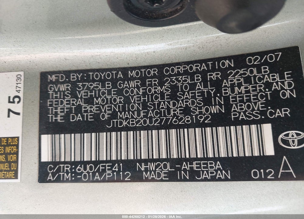 2007 TOYOTA PRIUS VIN: JTDKB20U277628192