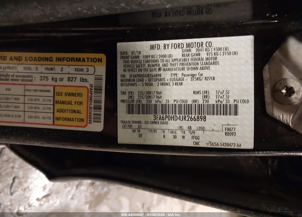 2018 FORD FUSION SE VIN: 3FA6P0HD4JR266898