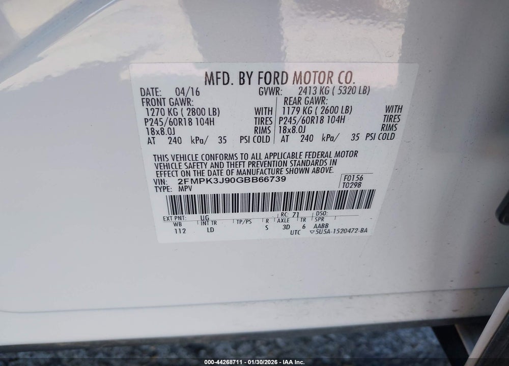 2016 FORD EDGE SEL VIN: 2FMPK3J90GBB66739