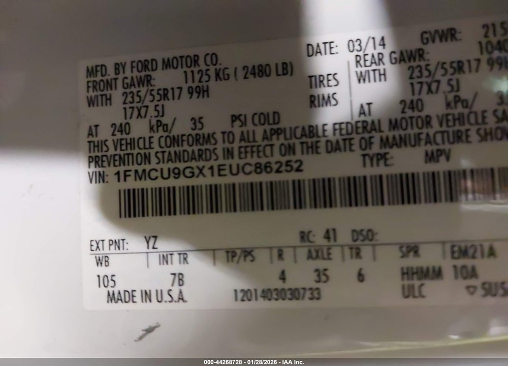 2014 FORD ESCAPE SE VIN: 1FMCU9GX1EUC86252