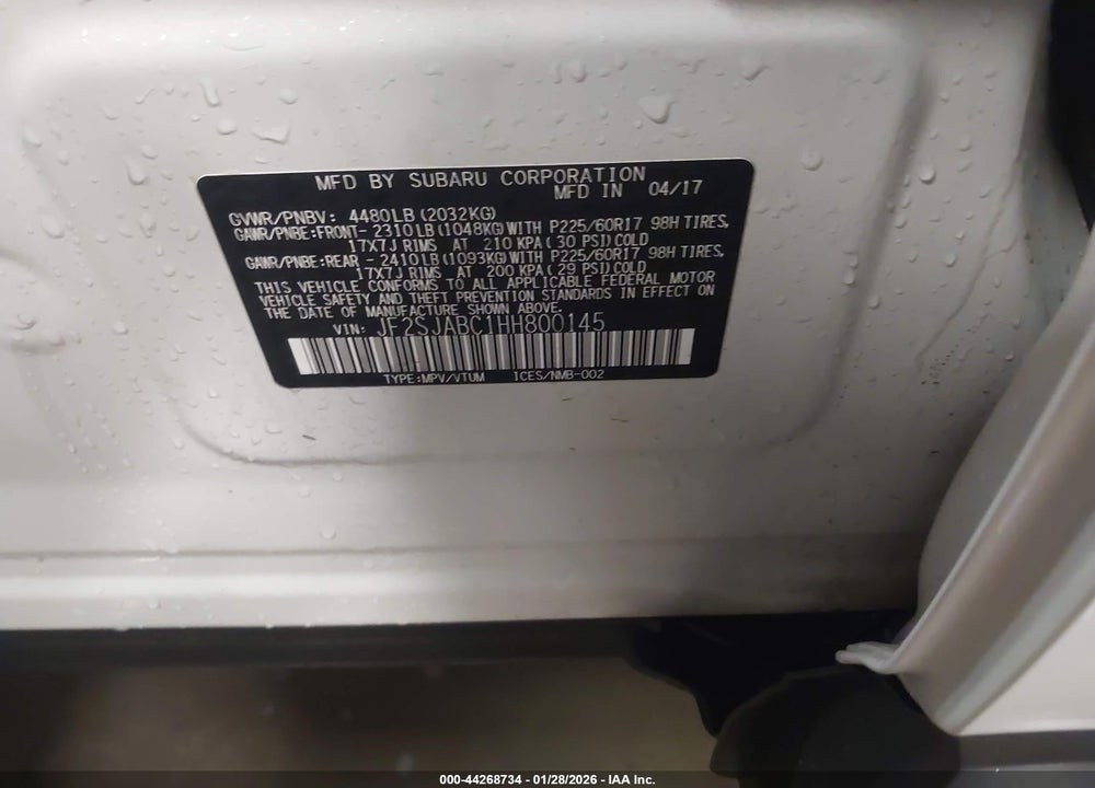 2017 SUBARU FORESTER 2.5I VIN: JF2SJABC1HH800145