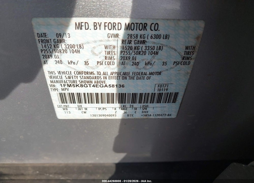 2014 FORD EXPLORER SPORT VIN: 1FM5K8GT4EGA58136