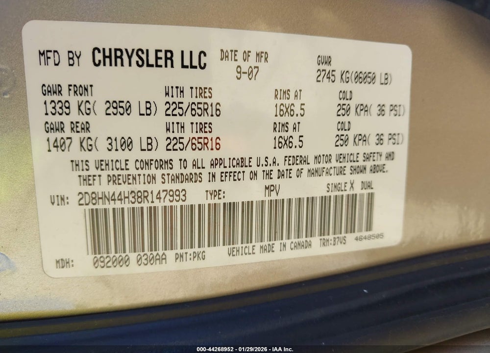 2008 DODGE GRAND CARAVAN SE VIN: 2D8HN44H38R147993