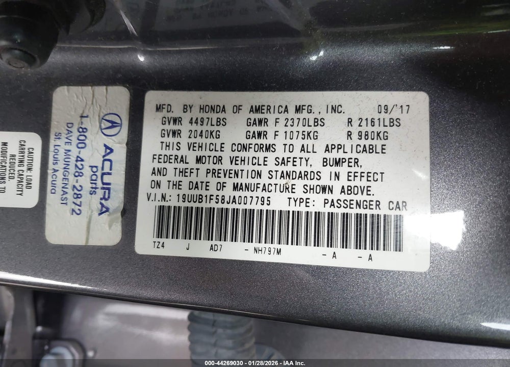 2018 ACURA TLX TECH PKG VIN: 19UUB1F58JA007795