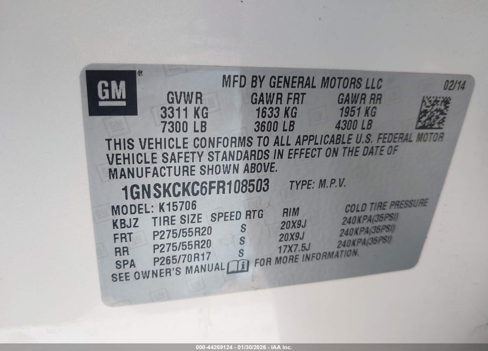 2015 CHEVROLET TAHOE LTZ VIN: 1GNSKCKC6FR108503