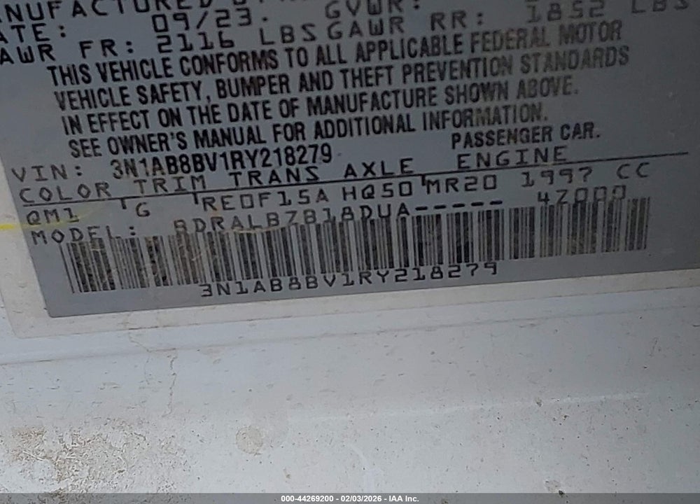 2024 NISSAN SENTRA S VIN: 3N1AB8BV1RY218279