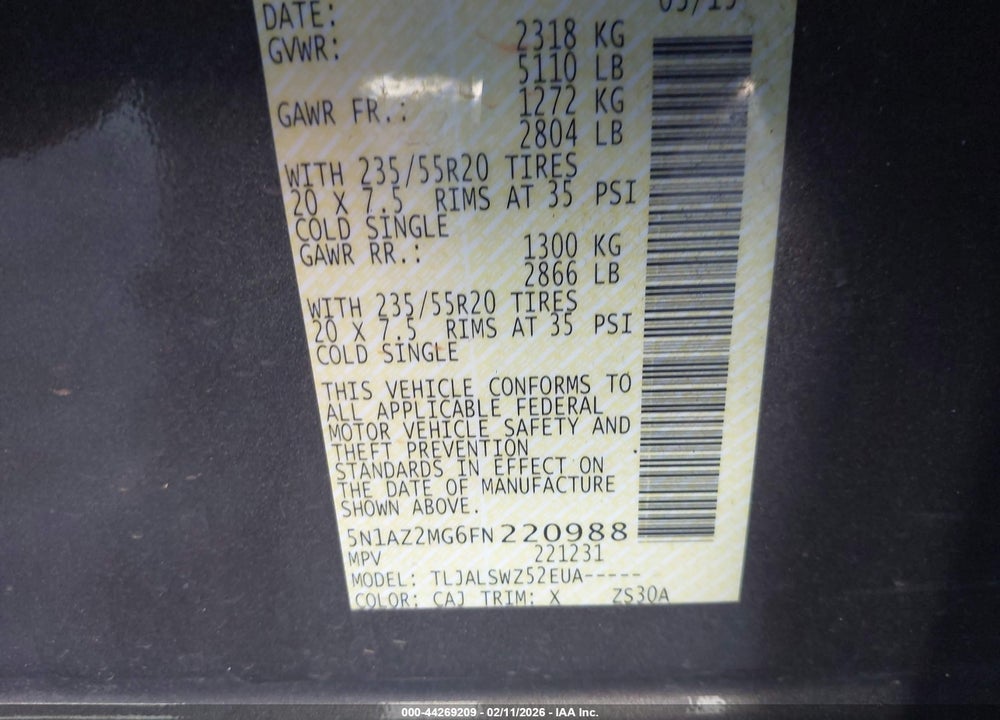 2015 NISSAN MURANO PLATINUM VIN: 5N1AZ2MG6FN220988