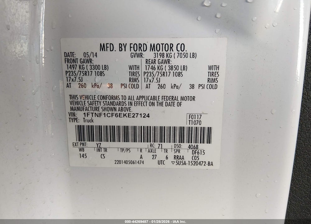 2014 FORD F-150 XL VIN: 1FTNF1CF6EKE27124