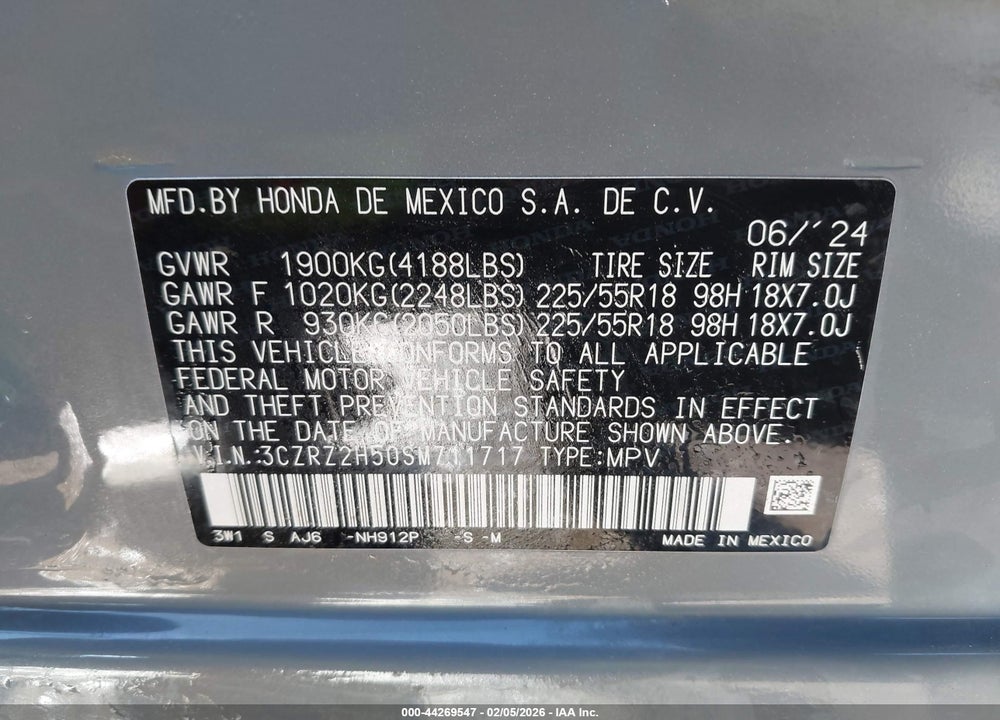 2025 HONDA HR-V AWD SPORT VIN: 3CZRZ2H50SM711717