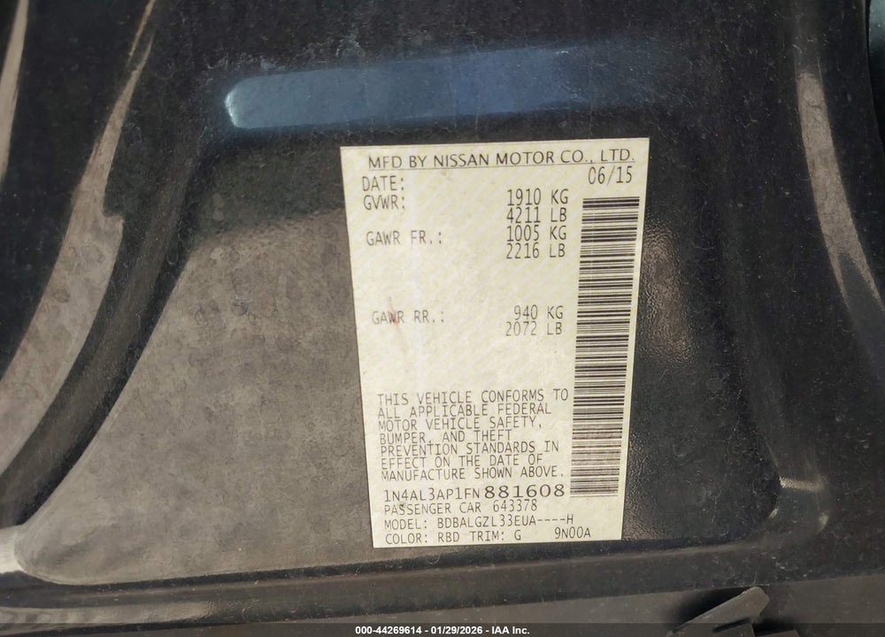2015 NISSAN ALTIMA 2.5 S VIN: 1N4AL3AP1FN881608