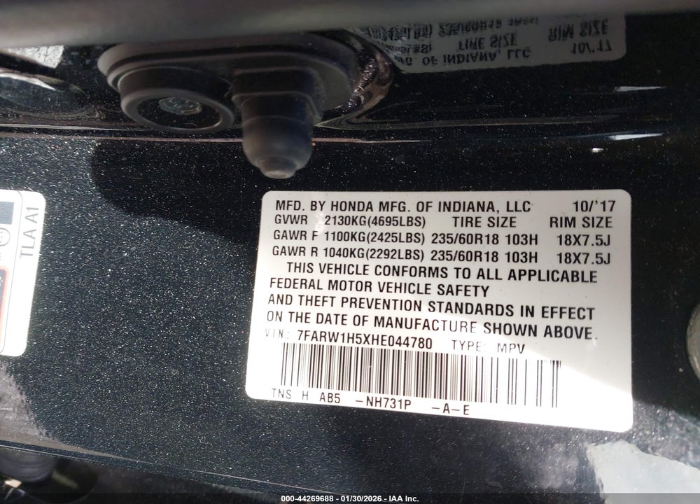 2017 HONDA CR-V EX VIN: 7FARW1H5XHE044780