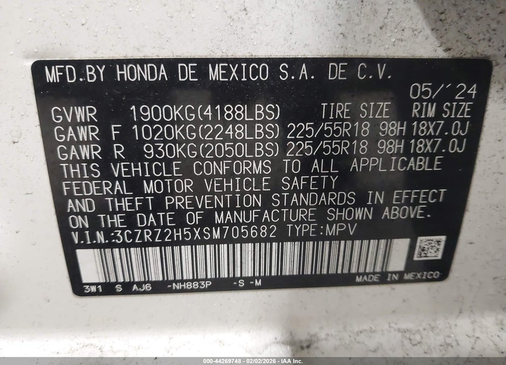 2025 HONDA HR-V AWD SPORT VIN: 3CZRZ2H5XSM705682
