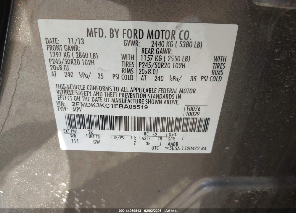 2014 FORD EDGE LIMITED VIN: 2FMDK3KC1EBA05519