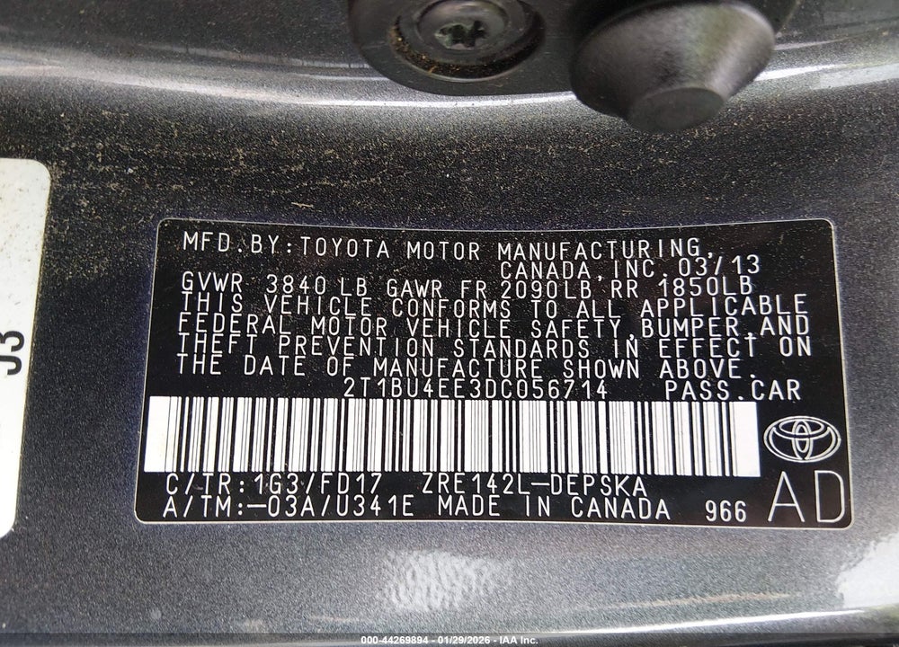 2013 TOYOTA COROLLA S VIN: 2T1BU4EE3DC056714