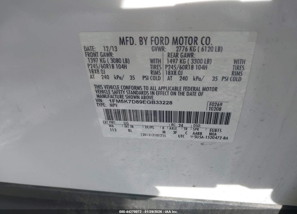 2014 FORD EXPLORER XLT VIN: 1FM5K7D89EGB33228