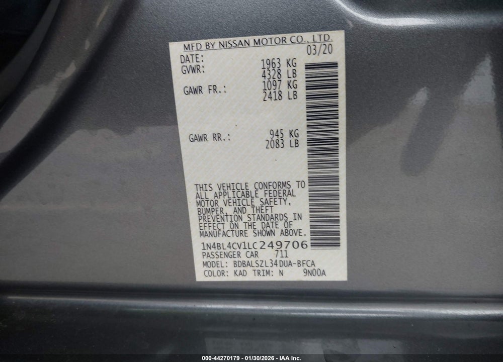 2020 NISSAN ALTIMA SR FWD VIN: 1N4BL4CV1LC249706
