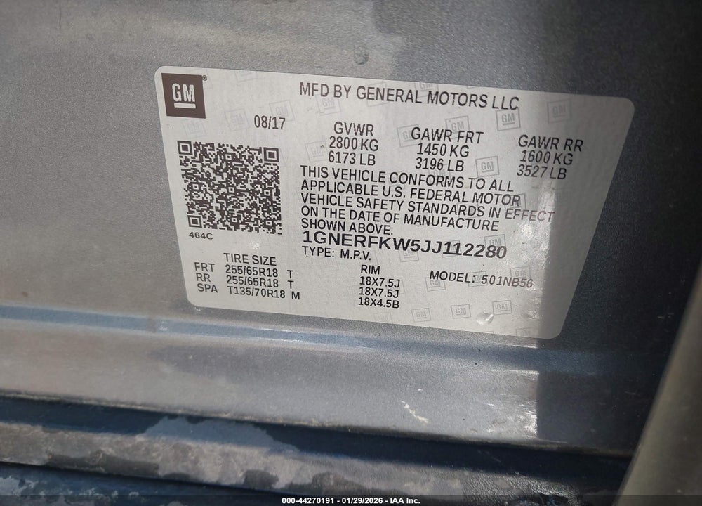 2018 CHEVROLET TRAVERSE LS VIN: 1GNERFKW5JJ112280