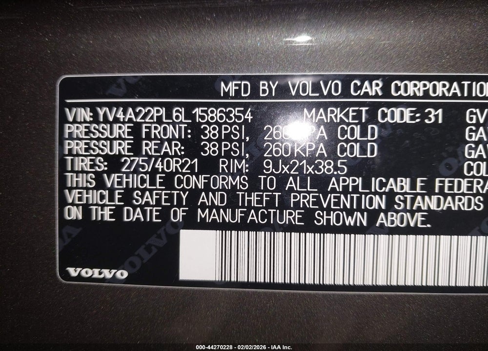 2020 VOLVO XC90 VIN: YV4A22PL6L1586354