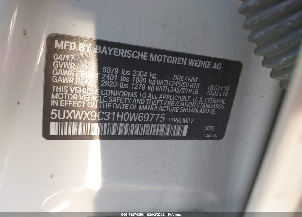 2017 BMW X3 XDRIVE28I VIN: 5UXWX9C31H0W69775