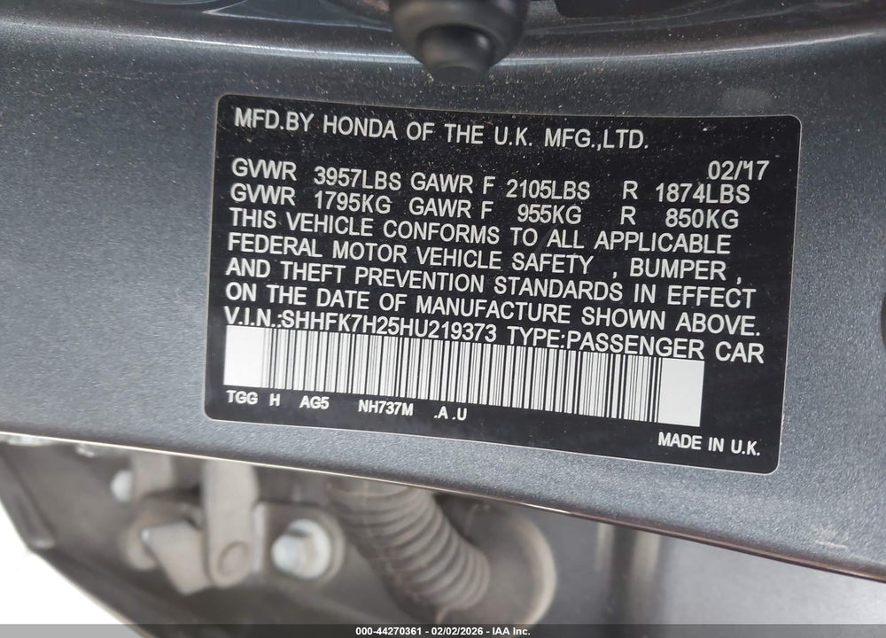 2017 HONDA CIVIC LX VIN: SHHFK7H25HU219373