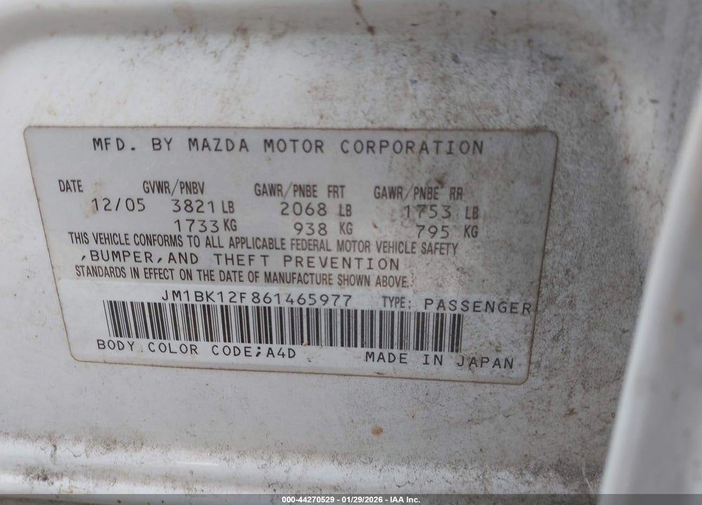 2006 MAZDA 3 I VIN: JM1BK12F861465977