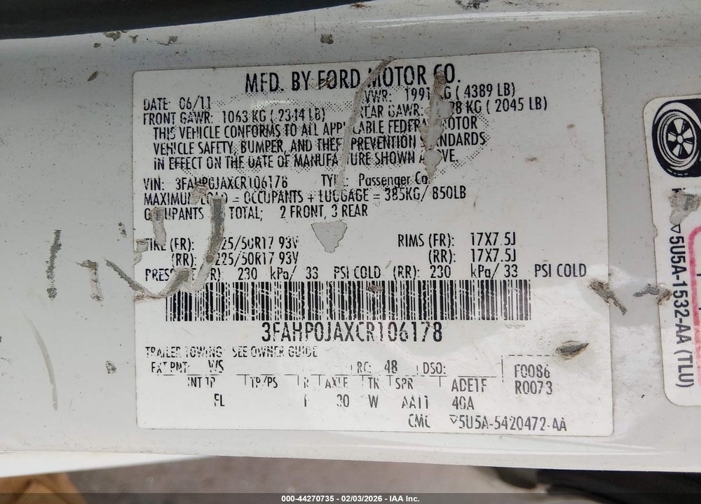 2012 FORD FUSION SEL VIN: 3FAHP0JAXCR106178