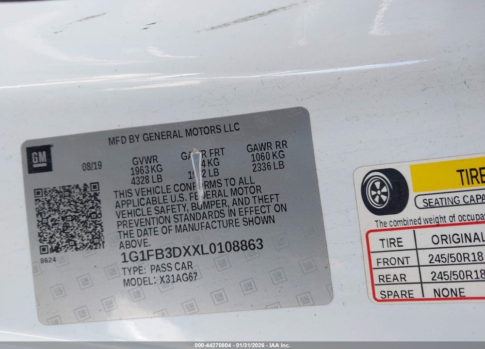 2020 CHEVROLET CAMARO RWD  1LT VIN: 1G1FB3DXXL0108863