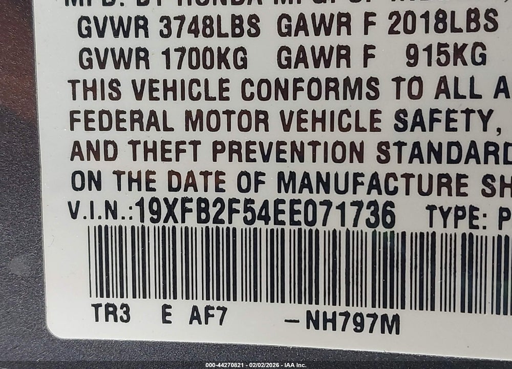 2014 HONDA CIVIC LX VIN: 19XFB2F54EE071736