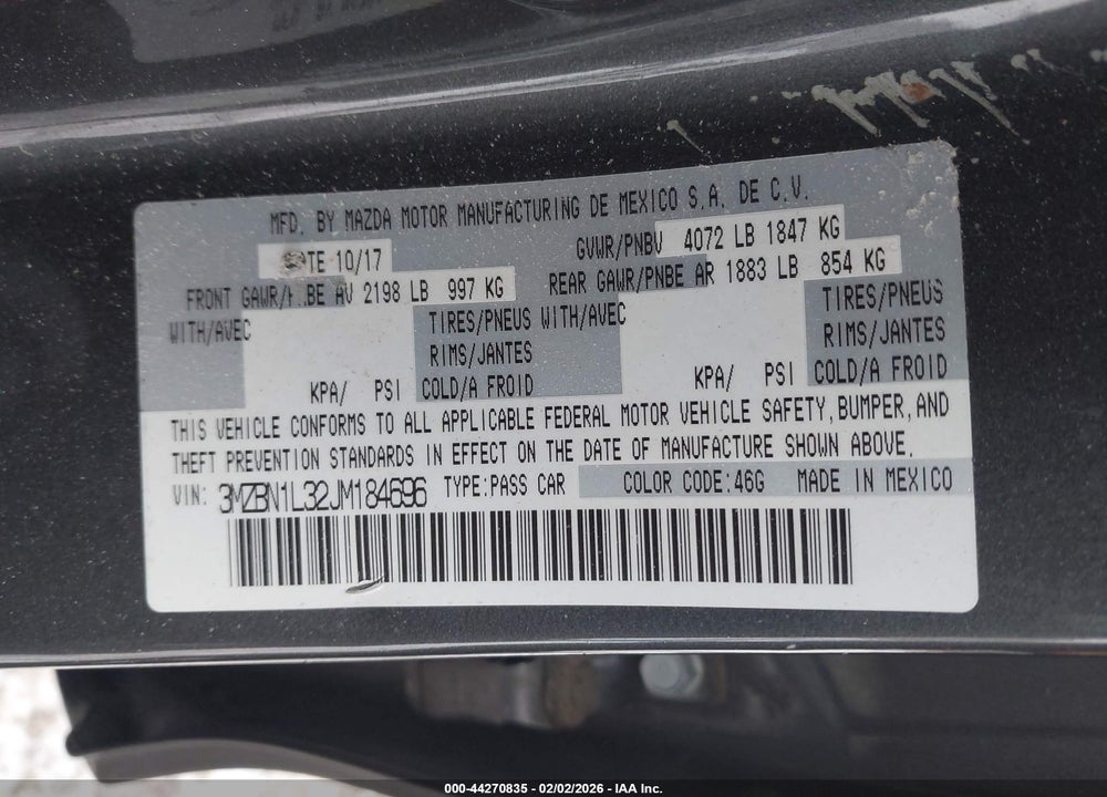 2018 MAZDA 3 TOURING VIN: 3MZBN1L32JM184696