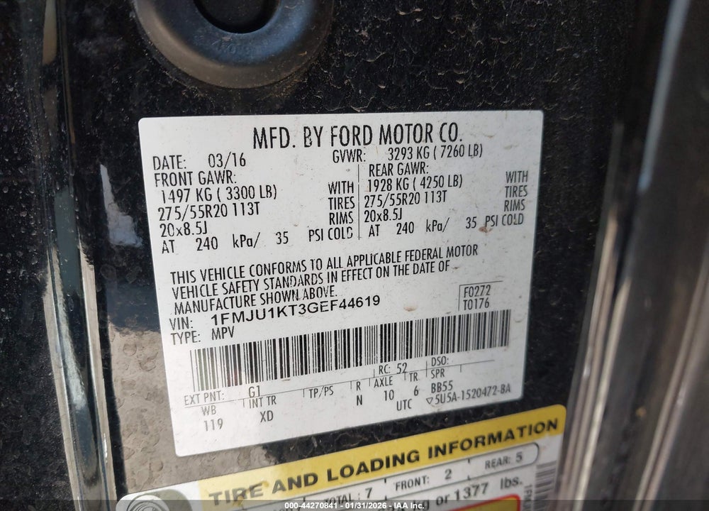 2016 FORD EXPEDITION LIMITED VIN: 1FMJU1KT3GEF44619