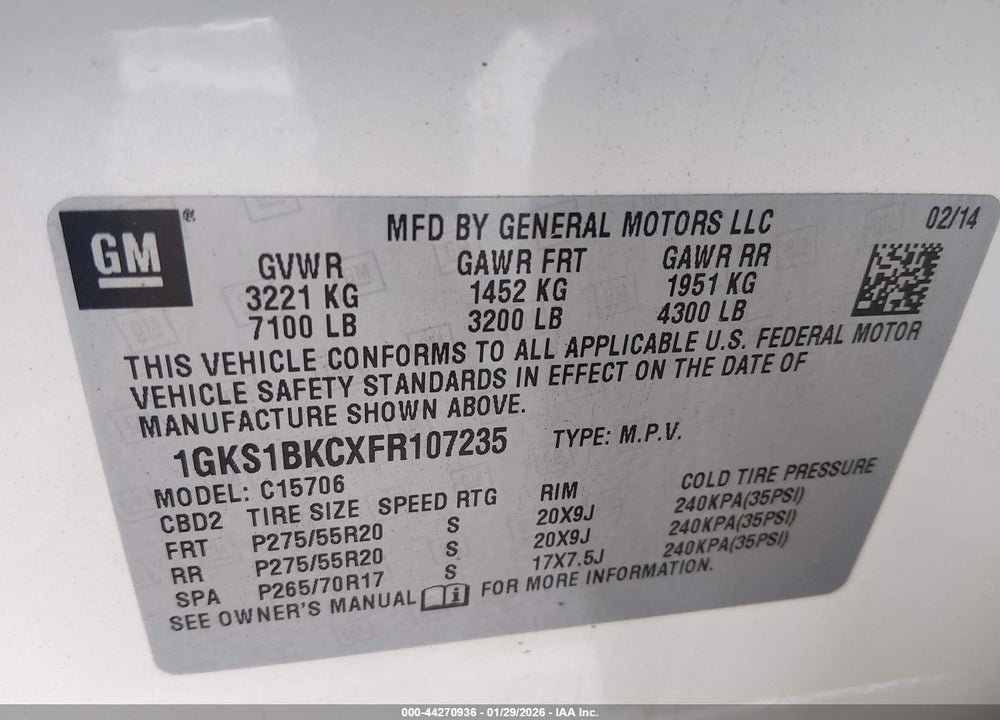 2015 GMC YUKON SLT VIN: 1GKS1BKCXFR107235