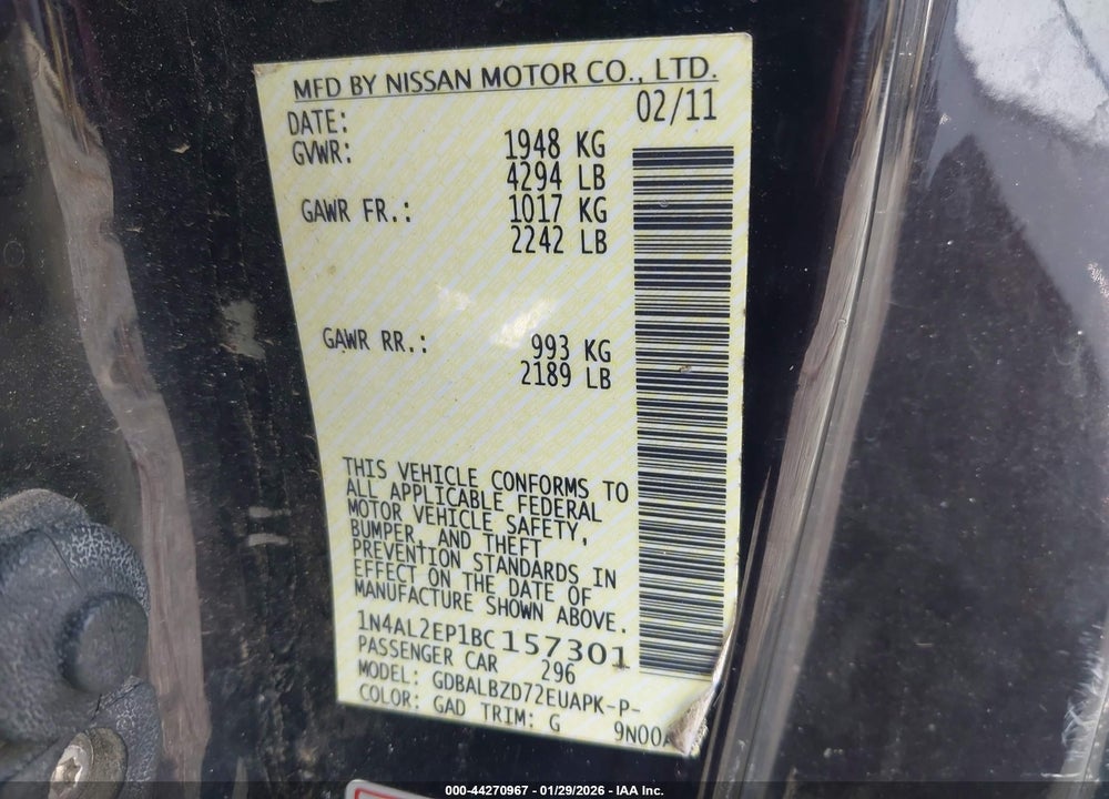 2011 NISSAN ALTIMA 2.5 S VIN: 1N4AL2EP1BC157301