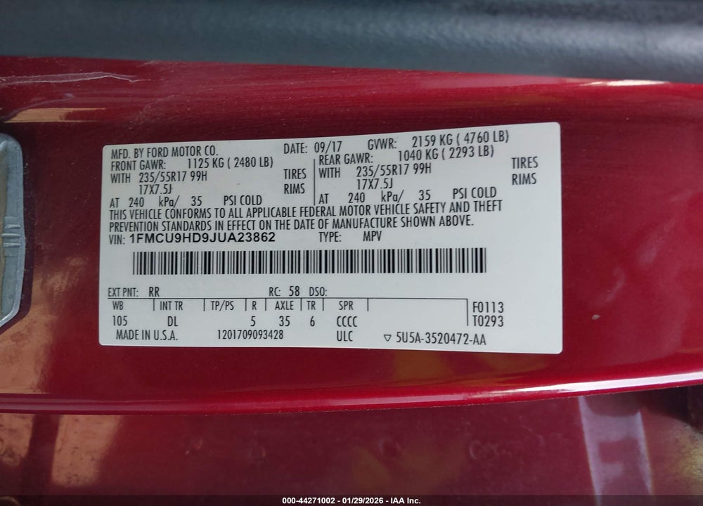 2018 FORD ESCAPE SEL VIN: 1FMCU9HD9JUA23862