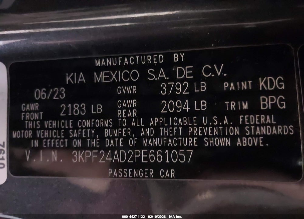 2023 KIA FORTE LXS VIN: 3KPF24AD2PE661057