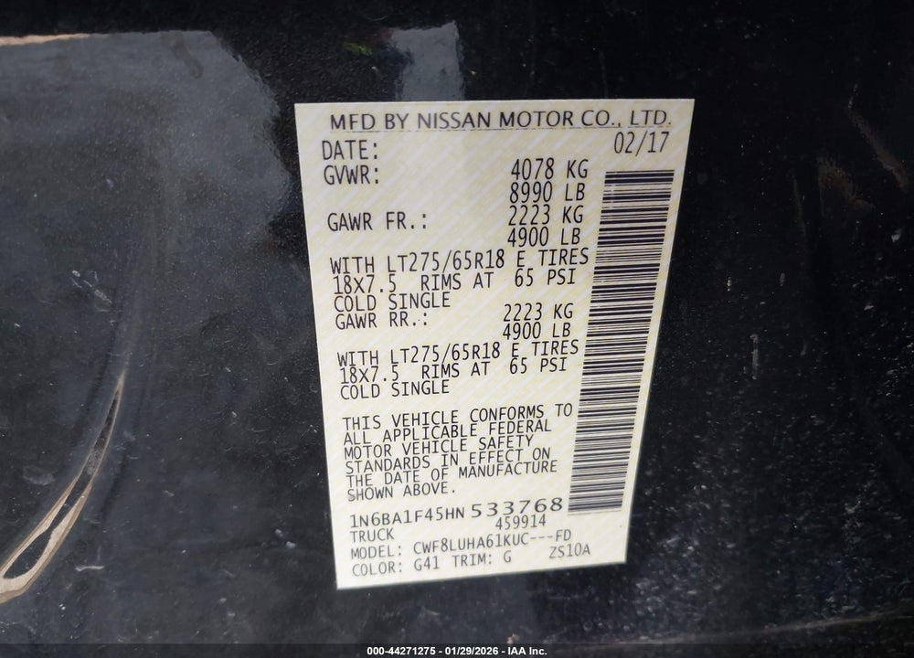2017 NISSAN TITAN XD PRO-4X DIESEL VIN: 1N6BA1F45HN533768