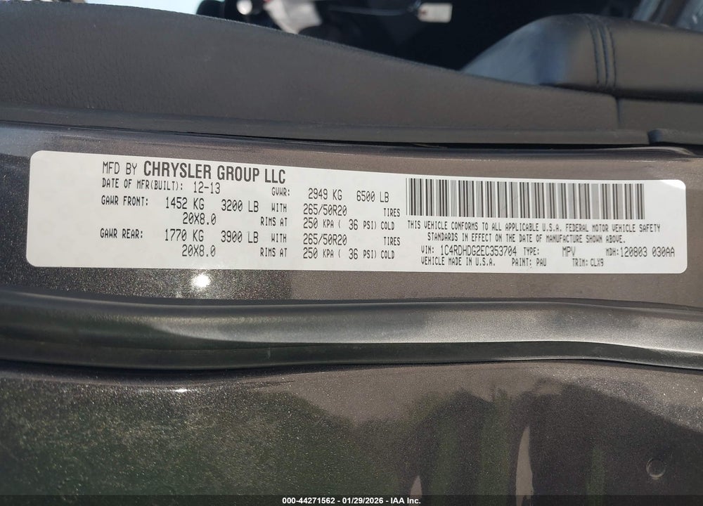 2014 DODGE DURANGO LIMITED VIN: 1C4RDHDG2EC353704