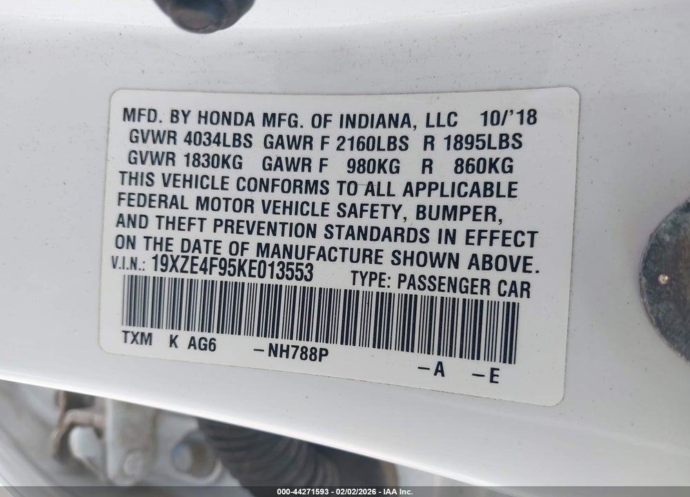 2019 HONDA INSIGHT TOURING VIN: 19XZE4F95KE013553