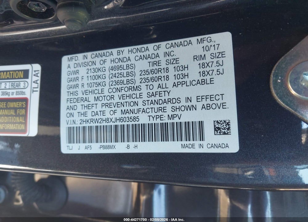 2018 HONDA CR-V EX-L/EX-L NAVI VIN: 2HKRW2H8XJH603585