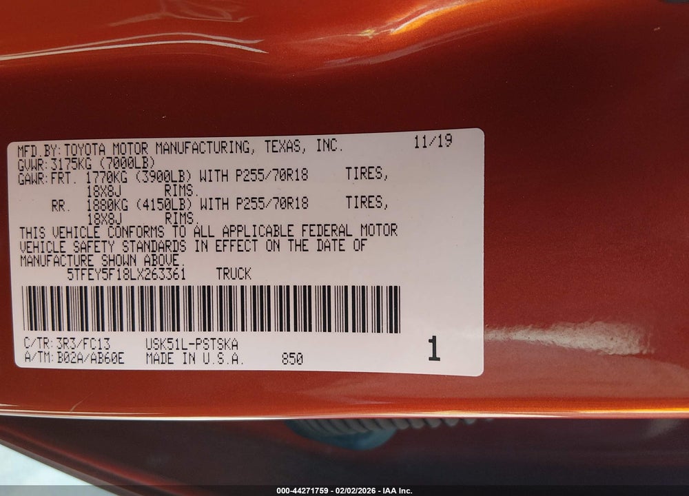 2020 TOYOTA TUNDRA SR5 VIN: 5TFEY5F18LX263361