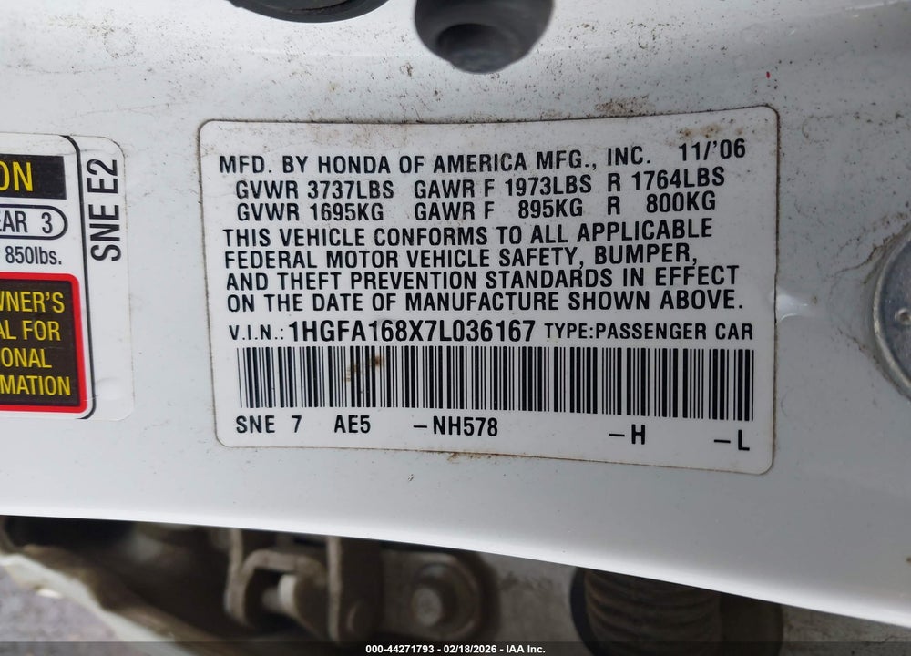 2007 HONDA CIVIC EX VIN: 1HGFA168X7L036167
