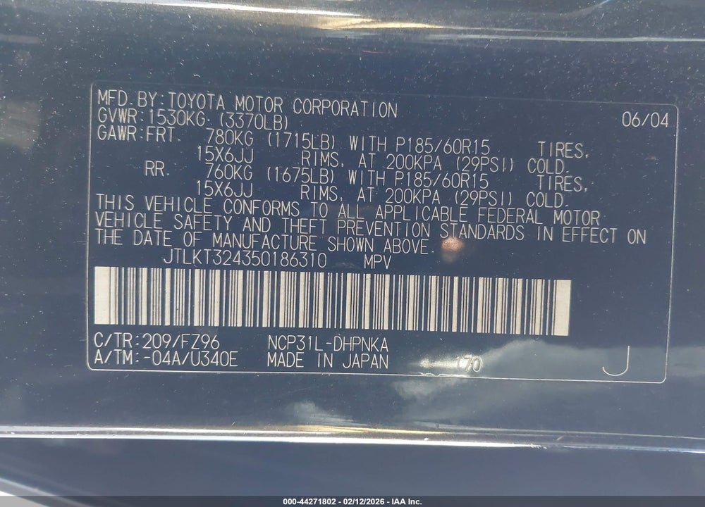 2005 SCION XB VIN: JTLKT324350186310